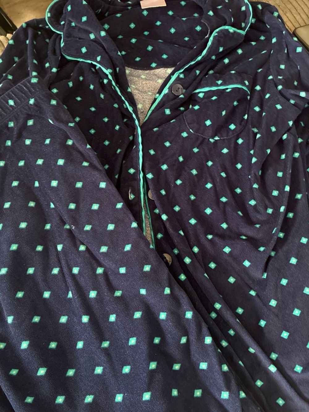 Womans matching Navy Shirt with Teal Diamond Print and matching pants pj set